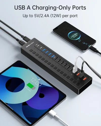 Vista 5 de Concentrador USB 3.0 alimentado, concentrador USB ACASIS de 16 puertos (incluye 2 puertos de carga inteligente USB C 3.0+4) con adaptador