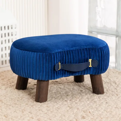 Vista 10 de LUE BONA Taburete pequeño curvado con asa, reposapiés de terciopelo beige y otomanos, moderno reposapiés con patas de madera, taburete con asiento
