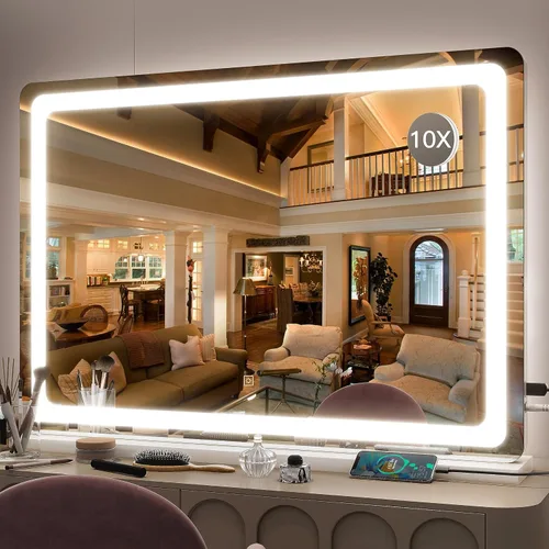 Vista 14 de FENNIO - Espejo de tocador con luces, espejo de maquillaje iluminado LED, pantalla táctil con 3 modos de iluminación, regulable, para mesa