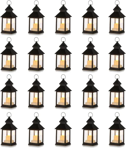 Vista 12 de Romadedi Mini Linternas Decorativas para Centro de Mesa - 10 Piezas de Linternas Pequeñas Negras Colgantes a Granel con Velas LED Parpadeantes