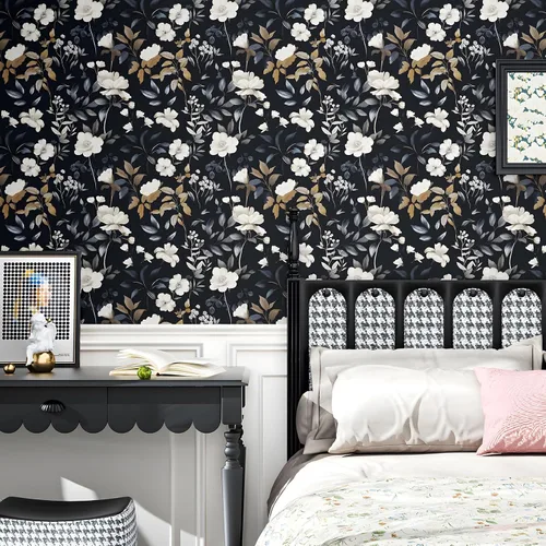 Vista 3 de ILHIIOR Papel tapiz floral azul oscuro para despegar y pegar, papel de contacto de hojas bohemias, papel de contacto con flores oscuras, extraíble