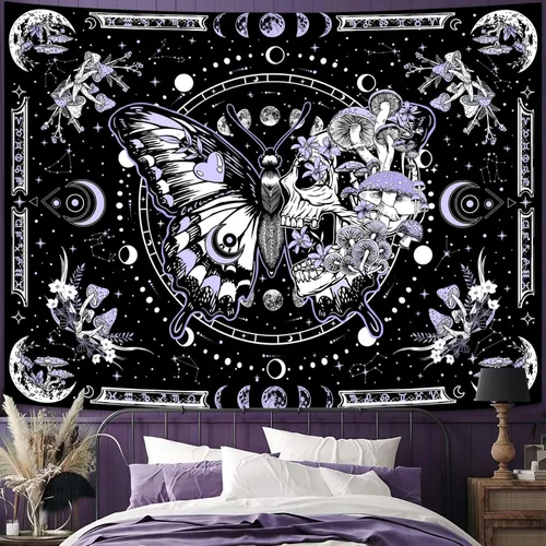 Vista 8 de Fungarth Tapiz de Esqueleto y Mariposa Blanco y Negro Calavera Hongos Plantas Tapices Hippie Estético Tapiz Colgante de Pared para Dormitorio Sala