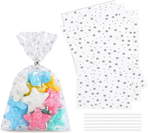 Vista 20 de 100 bolsas de celofán, bolsas de celofán transparente impresas con estrellas doradas de 3 x 5 pulgadas, 100 lazos giratorios, para envolver regalos
