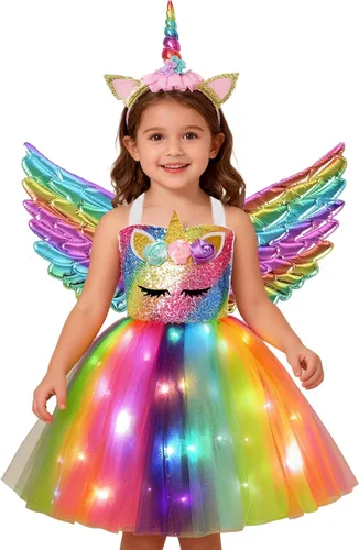 Vista 7 de Disfraz de unicornio para niñas con luz LED, tutú de princesa para disfraz de Halloween, regalo de cumpleaños y Navidad Arco iris profundo+ala