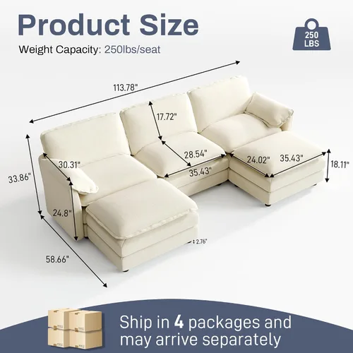 Vista 2 de ONEMMLION Cloud Couch - Sofá modular seccional en forma de U de 114 pulgadas, cómodos sofás seccionales para sala de estar, sofá moderno de felpilla