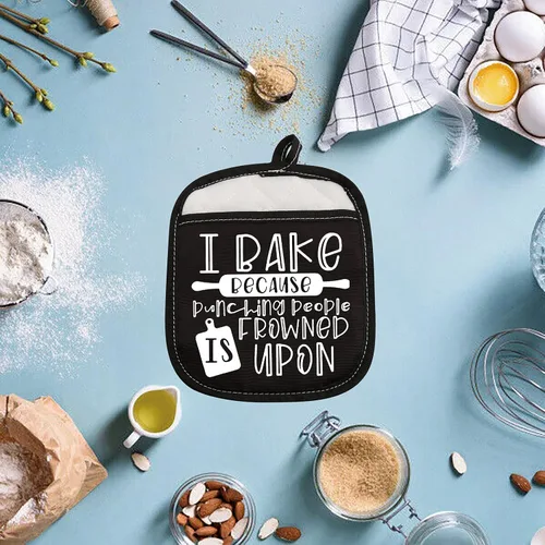 Vista 5 de ZJXHPO Almohadillas para horno de regalo para hornear, soporte para ollas I Bake Because Punching People is Frowned Upon Hot Pads (Frunción sobre)