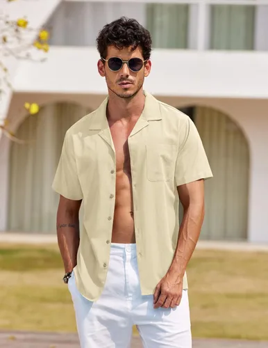 Vista 2 de COOFANDY - Camisas hawaianas de algodón y lino, florales, tropicales, con botones para hombre, A- Caqui claro, S