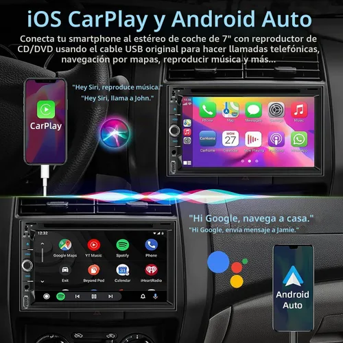 Vista 2 de Estéreo de coche de doble DIN con reproductor de CD/DVD - CarPlay y Android Auto, audio para coche con Bluetooth, pantalla táctil HD de 7 pulgadas