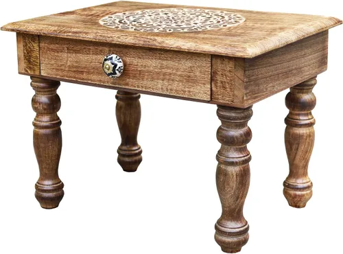 Vista 8 de DharmaObjects Mesa de meditación de altar del santuario de Puja tallada a mano de madera maciza de mango (flor de vida)
