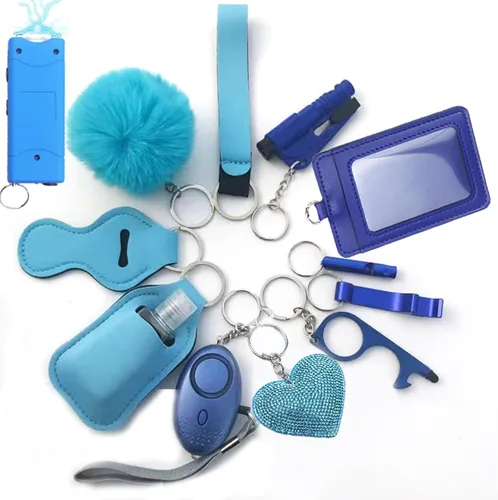 Vista 2 de Personal Safety Keychain Set, 13-Piece Women's Protection Kit with Alarm, ID Holder, Pom Pom, Blue