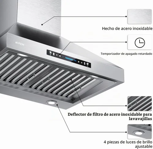 Vista 5 de IKTCH Campana extractora de montaje en pared de 30 pulgadas 900 CFM convertible, ventilación de chimenea de cocina de acero inoxidable con sensor