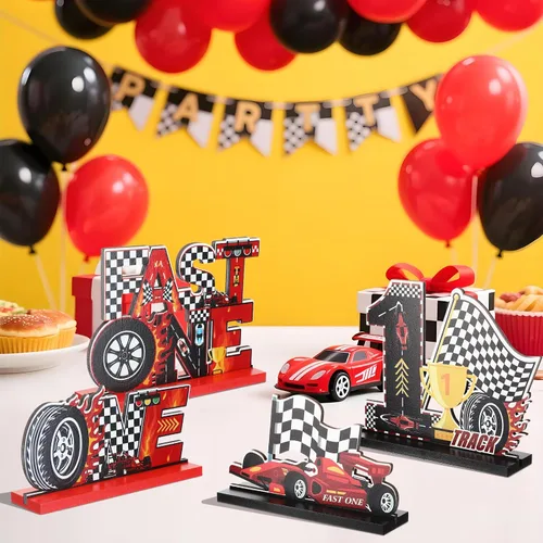 Vista 2 de 4 piezas de decoración rápida de un cumpleaños para niños, auto de carreras, centros de mesa de madera de primer cumpleaños, decoración de fiesta