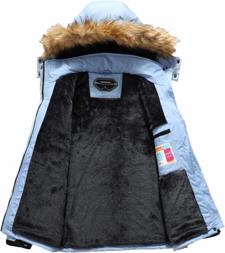 Vista 3 de MOERDENG Chaqueta de esquí impermeable para mujer, abrigo de nieve con capucha para invierno, chaqueta de esquí resistente al viento para mujer