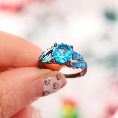 Vista 5 de UFOORO Anillo infinito de ópalo de fuego chapado en rodio negro, circonita cúbica, boda, compromiso, aniversario, anillos para mujer, Cristal