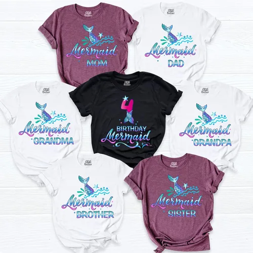 Vista 3 de Family Mermaid Birthday Theme T-shirt, Custom Matching Any Age B-day Party Outfits, Gift For Birthday Girl, Funny Birthday Girl Shirt, Sister