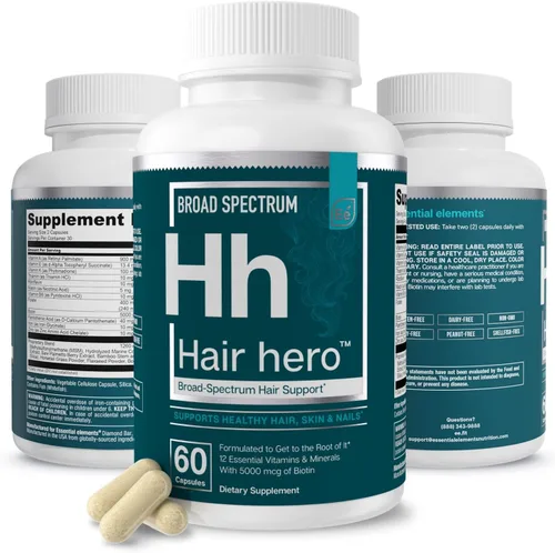 Vista 10 de Essential Elements Hair Hero - Vitaminas para el cabello para hombres - Soporte de amplio espectro con 5000 mcg de biotina - 60 unidades - 30