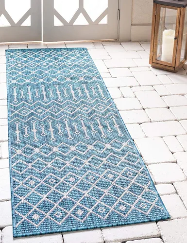 Vista 15 de Unique Loom Outdoor Trellis Collection - Alfombra de área con diseño de enrejado tribal (2 pies 2 pulgadas x 3 pies 1 pulgada, ovalada, azul/marfil)