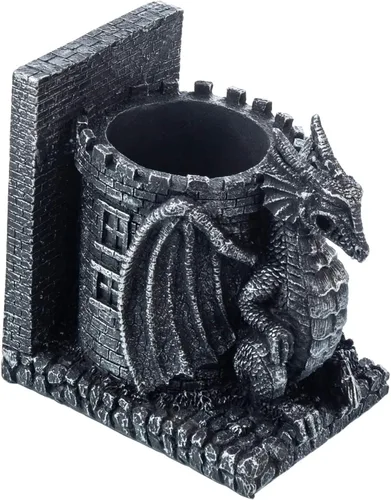 Vista 6 de Sujetalibros de dragón, gótico de resina negra con diseño de dragón, sujetalibros con diseño de dragones de fantasía decorativos y torre de piedra