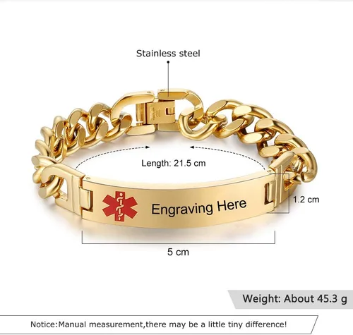 Vista 2 de Lam Hub Fong Pulsera de alerta médica de emergencia personalizada, grabado gratis, se envía al día siguiente, acero de titanio que no se deslustra