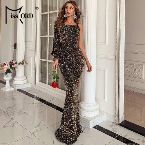 Vista 3 de Miss ord Vestido de sirena de noche con un hombro descubierto y manga dividida con lentejuelas y brillantina vestido de graduación sexy formal