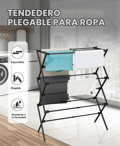 Vista 2 de Estante de Secado de Ropa Plegable de Metal de 3 Niveles, Perchero de Ropa para Secar Percheros Plegables para la Lavandería Para