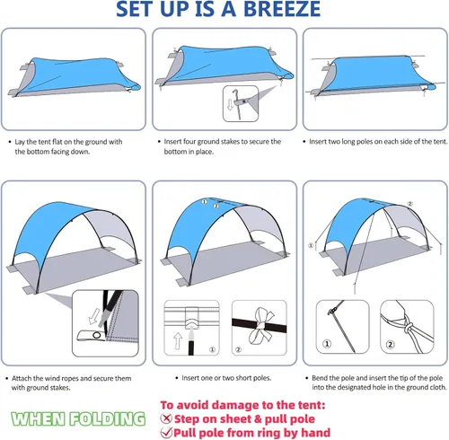 Vista 5 de Toldo para sombrilla de playa mejorado 2026 con protección UV UPF 50+, tienda de playa portátil para sol, ventilación de 360°, 4 bolsas de arena