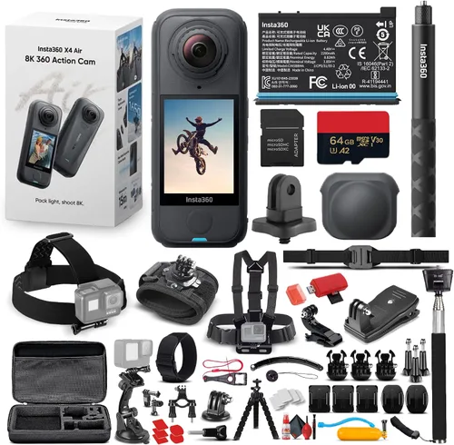 Vista 6 de Insta360 Paquete estándar de cámara de acción X4 Air 360 Lente dual ligera impermeable 8K Sistema de estabilización para viajes, ciclismo