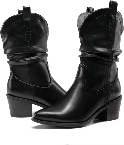 Vista 4 de DREAM PAIRS Botas vaqueras occidentales para mujer, botas vaqueras de media pantorrilla sin cierre