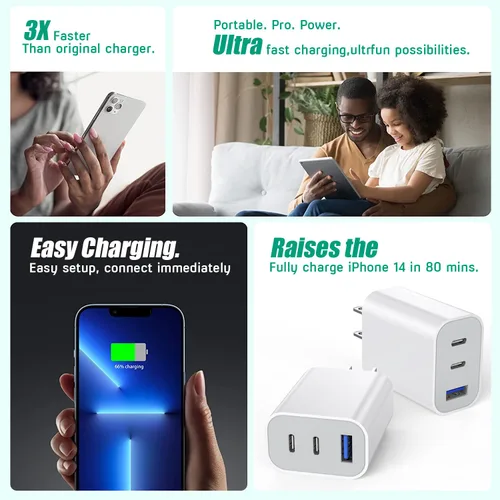 Vista 6 de Bloque de cargador USB C rápido de 35 W, cargador USB C de doble puerto, PD+QC, enchufe de pared multipuerto, cubo compatible con iPhone 17/17