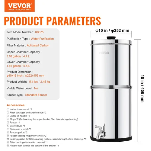 Vista 7 de VEVOR Sistema de filtro de agua por gravedad, sistema de sobremesa de acero inoxidable 304 de 1.5G, sistema de filtración de agua, reduce el plomo