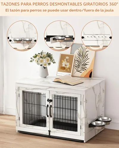 Vista 4 de Piskyet Mueble de Jaula para Perros de Madera con Cuencos para Perros Giratorios Extraíbles de 360°, Mesa Auxiliar de Jaula para Perros con Bandeja