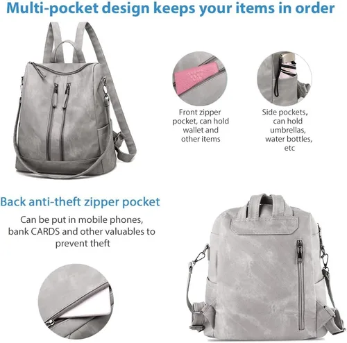 Vista 3 de Mochila para mujer, mochila pequeña de cuero impermeable antirrobo, bolsos de hombro para mujer