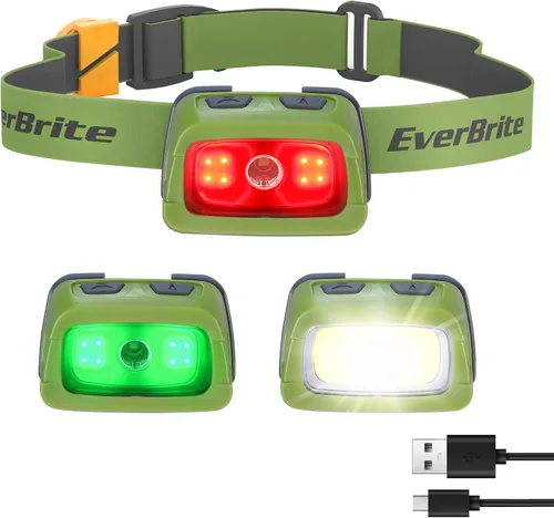 Vista 11 de EverBrite Linterna frontal recargable - Faro de 350 lúmenes con luz roja/verde y luz trasera, 7 modos de iluminación con función de memoria