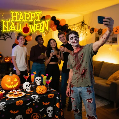 Vista 4 de Letrero de neón de feliz Halloween, letrero de bienvenida de LED para puerta delantera/recámara/hogar/patio, alimentado por USB, 16.5×8.6 pulgadas