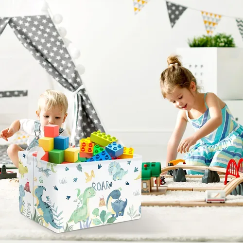 Vista 3 de Clastyle Adorable acuarela verde dinosaurio estante cesta volcán hoja de palma plegable cubo de almacenamiento rectangular ropa libros juguetes cubo