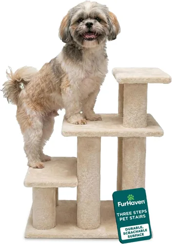 Vista 11 de Furhaven Steady Paws - Escaleras para mascotas de varios pasos para camas altas y sofás, color marrón, 3 escalones
