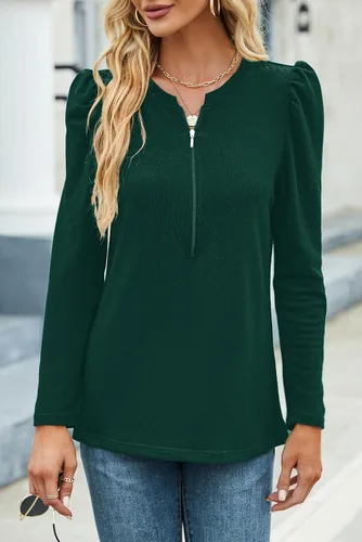 Vista 3 de Blusa de manga abombada para mujer, blusa casual de manga larga con cuello con cremallera