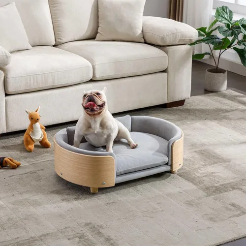 Vista 11 de Cama de terciopelo para perro, sofá para mascotas con patas de madera maciza y respaldo de madera doblada, cojín resistente a las manchas en varios