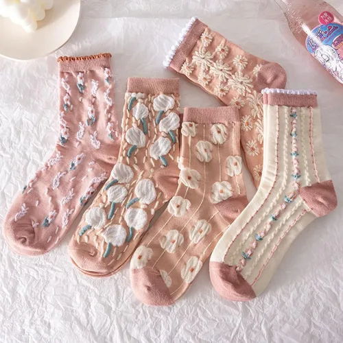 Vista 20 de Juego de 6 pares de calcetines de algodón transpirables de punto floral para mujeres y niñas