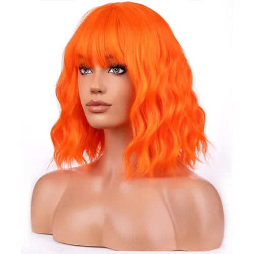 Vista 8 de BERON Pelucas cortas verdes para mujer, peluca rizada ondulada con flequillo para niñas, pelucas de cabello de color verde aguacate, peluca