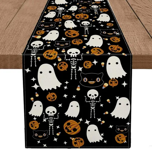 Vista 9 de Juego de 5 manteles individuales y camino de mesa de Halloween, fantasma, divertido de lino negro, de temporada, para cocina, comedor, hogar