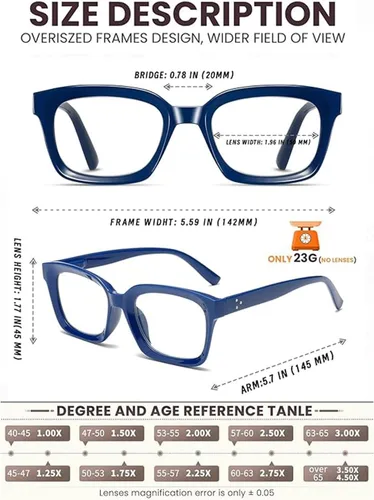 Vista 3 de Hubeye Large Reading Glasses for Women Men Fashion Square Frame Anti-Blue Light Glasses Reading Aid (Black+Blue, 1.00)