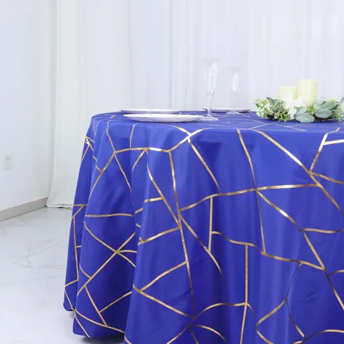 Vista 2 de Efavormart - Mantel redondo de poliéster de 120 pulgadas con patrón geométrico de lámina dorada Azul real