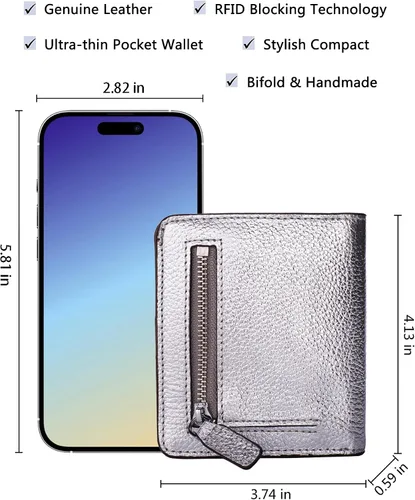 Vista 5 de BIG SALE-AINIMOER billetera de bolsillo pequeña con cremallera, plegable, compacta de cuero con bloqueo por identificación por radiofrecuencia