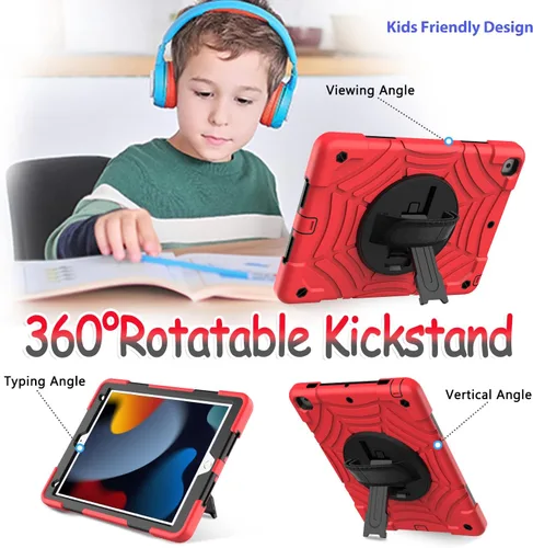 Vista 10 de BMOUO Funda para iPad de 9ª/8ª/7ª generación -10.2 pulgadas 2021/2020/2019 con protector de pantalla, soporte giratorio de 360º correa de mano