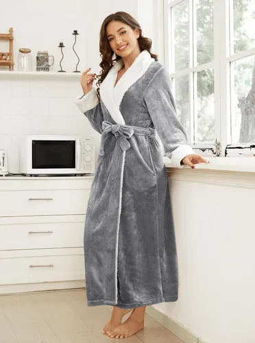 Vista 3 de Hellomamma Bata de baño larga para mujer, de felpa suave, de forro polar, camisón para mujer, pijama, ropa de dormir