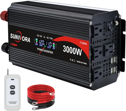 Vista 9 de Inversor de corriente de 2500 vatios de 12 V a 110 V/120 V CC a CA, pico de 5000 W, con control remoto y LCD, 4 salidas de CA y 4 puertos USB
