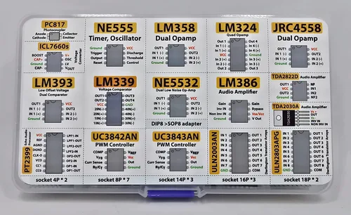 Vista 5 de Surtido de chips CI XL, 150 piezas, amplificador, oscilador, pwm, PC817, NE555, LM358, LM324, JRC4558, LM393, LM339, NE5532, LM386, TDA2030
