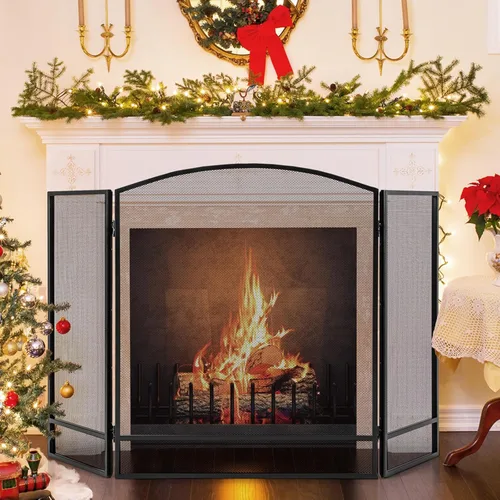 Vista 9 de IRONMAX Pantalla de chimenea de 3 paneles, puerta plegable para chimenea con malla metálica decorativa, protector contra chispas contra incendios