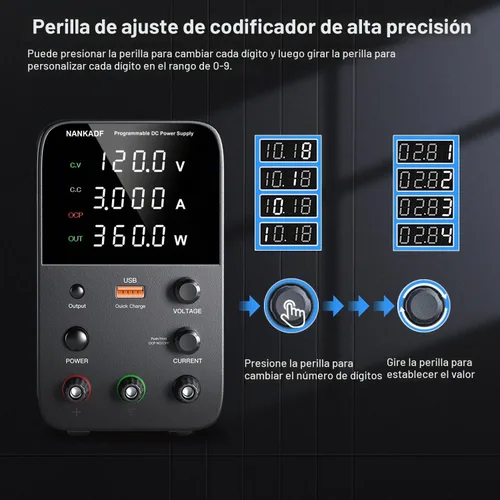 Vista 3 de Fuente de alimentación de banco variable de CC con perilla de codificador, activación/desactivación de salida, carga rápida USB, alarma de Negro